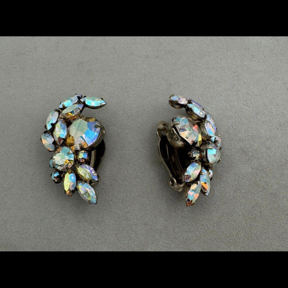 Sherman Vintage Signed Blue White Multi Color Rhinestone Clip Earrings